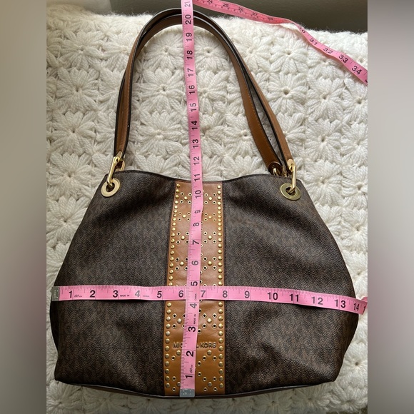 Michael Kors Brown Signature Coated Canvas Raven Large Studded Tote Bag - Picture 13 of 16